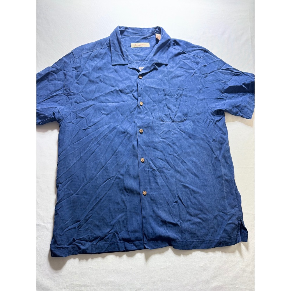 Tommy Bahama Shirt Mens XL Blue 100% Silk One Minute Workout Corkscrew Camp Top